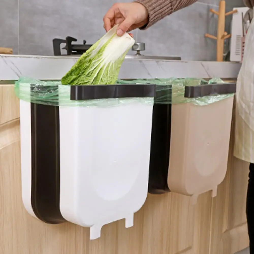 

5L Wall Mounted Folding Waste Bin Kitchen Cabinet Door Hanging Trash Bin Garbage Car Trash Can Wall Mounted Foldable Cleaning