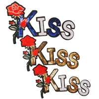 kiss with roses sequin icons icon embroidered iron on patches for clothing diy stripes clothes patchwork stickers custom badges