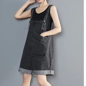 Женский джинсовый комбинезон без рукавов, черный свободный комбинезон из хлопка, с карманами, лето 1420
