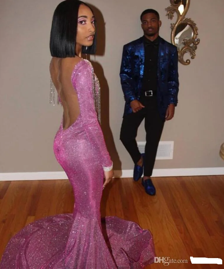 Блестящее синее шелковое бальное платье русалки с длинным рукавом и прозрачным