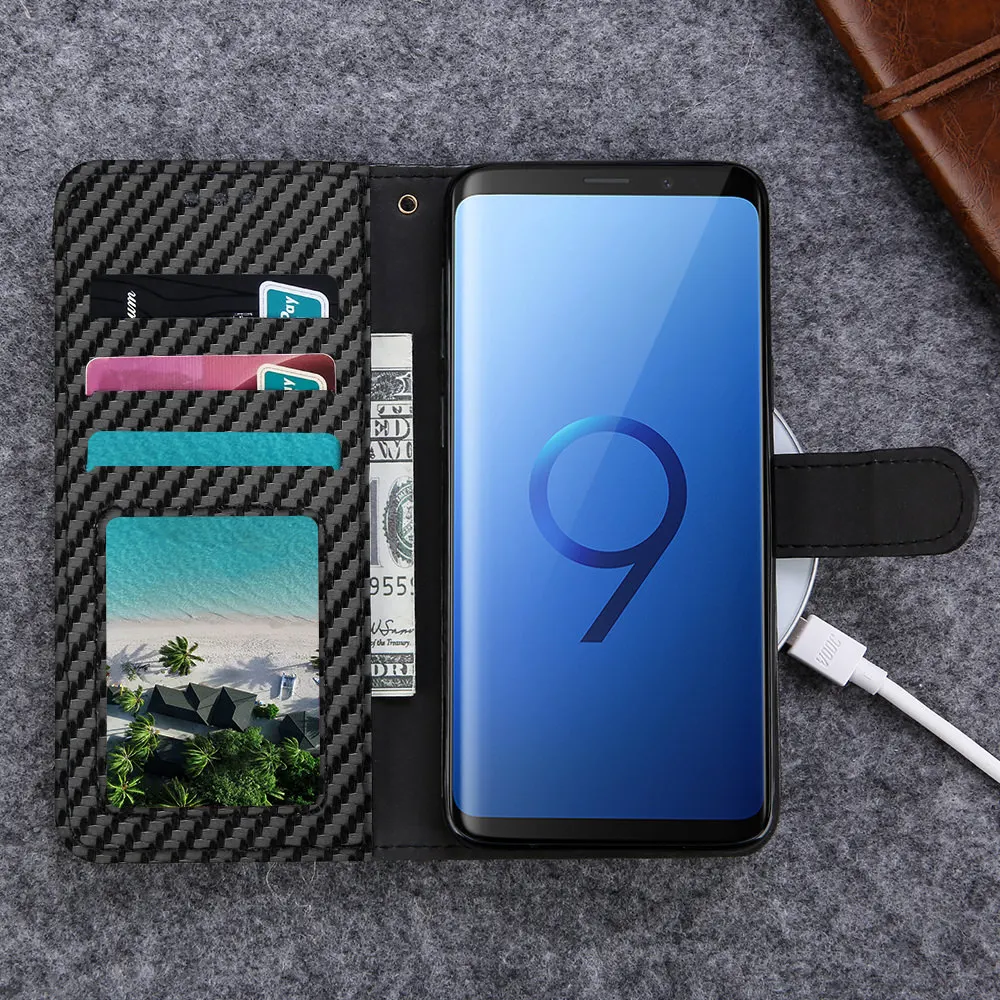 Кожаный чехол кошелек из углеродного волокна для Samsung Galaxy S10 S8 S9 Plus S7 edge Роскошный