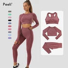 Женский спортивный костюм для йоги Peeli, бесшовный спортивный бюстгальтер с длинным рукавом, кроп-топ и рубашка с высокой талией, леггинсы для бега, 3 шт.