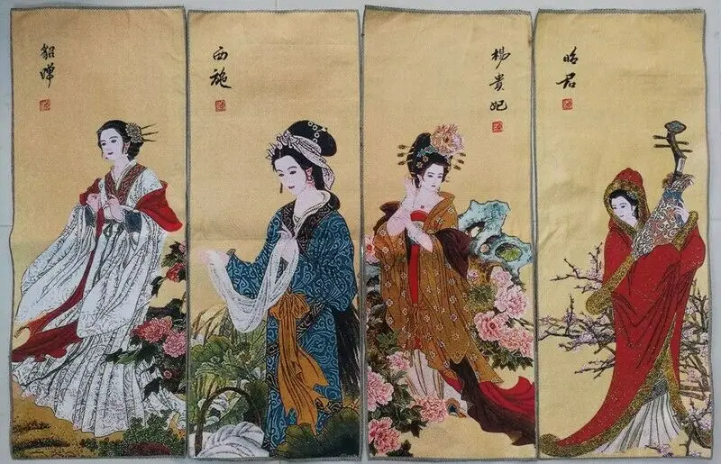 

Old Chinese silk embroidery painting Four screens painting “Four beauties”
