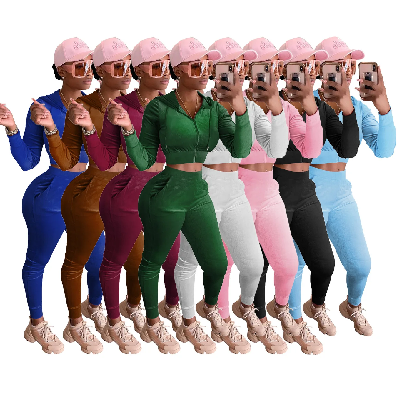 

Женский бархатный комплект из двух предметов, однотонная куртка с капюшоном и брюки для бега, спортивный костюм на осень и зиму