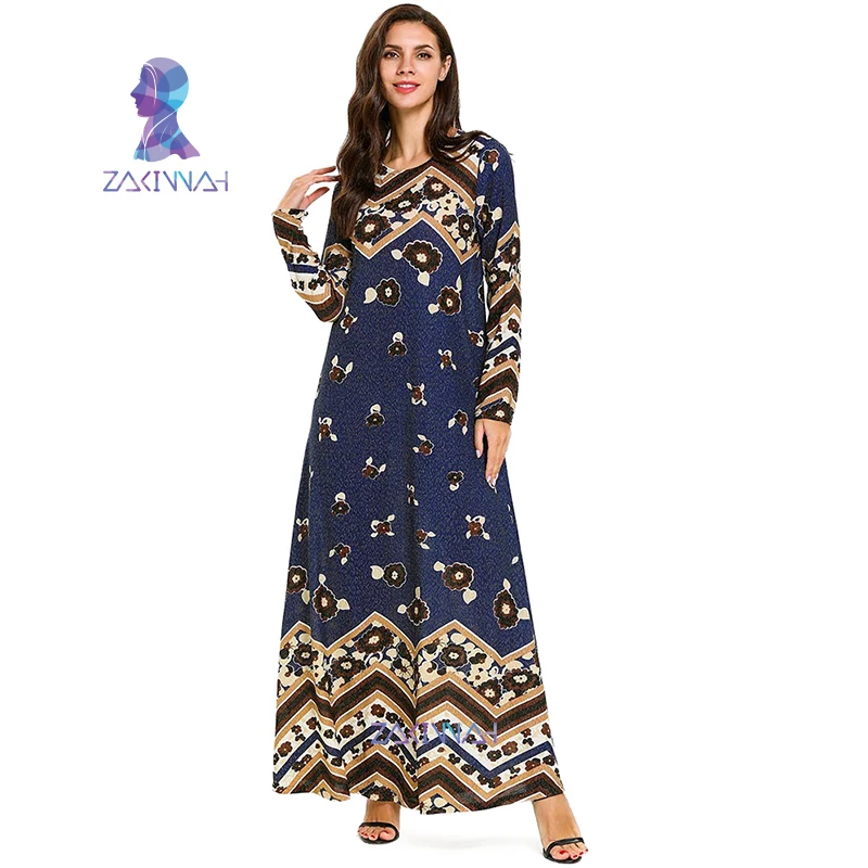 7706 размера плюс печатное с длинным рукавом тонкое волнистое платье абайя Дубай