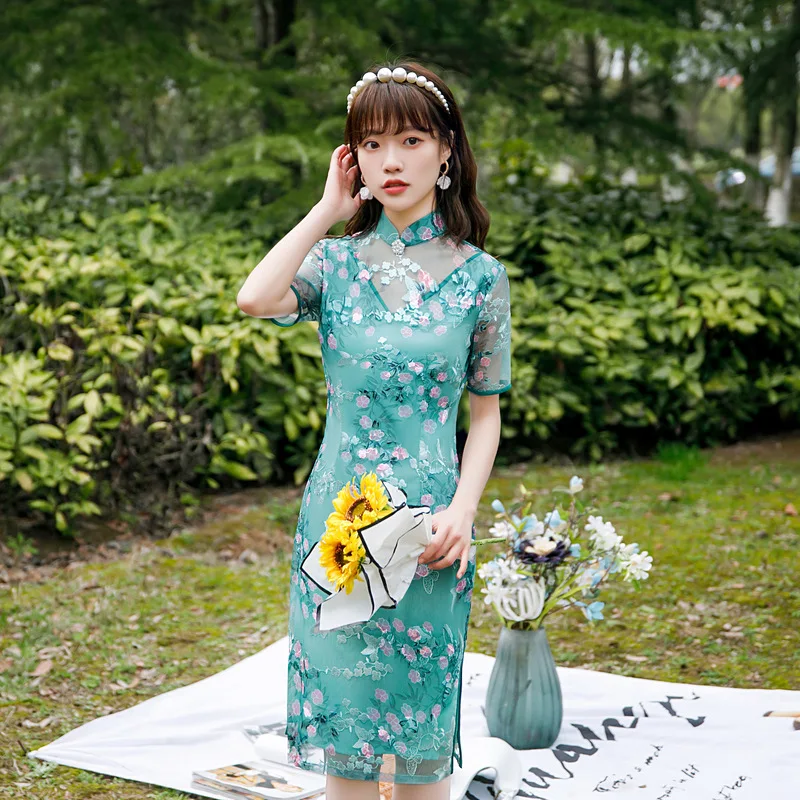 

Женское шифоновое платье-Ципао с вышивкой, элегантное шифоновое платье до колен с коротким рукавом и воротником-стойкой в традиционном кит...