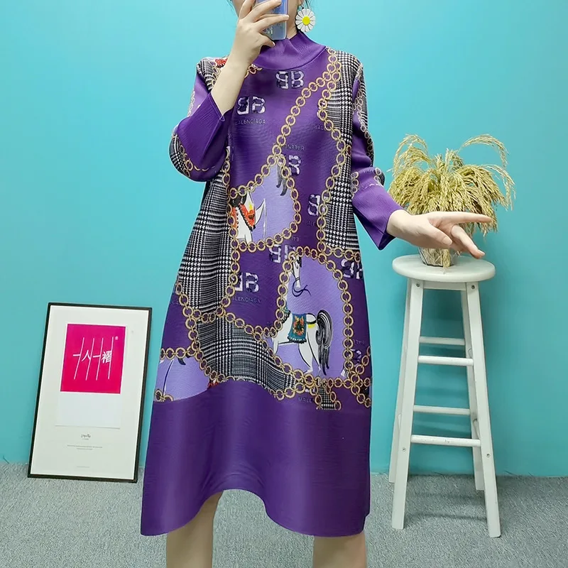 

Changpleat autumn and winter new women's party dresses Miyak fold Fashion loose plus size high neck printed A-line dress