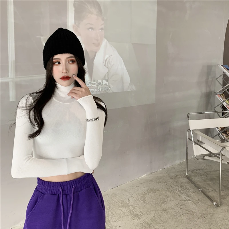 

Lucyever2021 Spring Short Shirts Womens Minimalist Turtleneck Slim Shirt Women Casual All Match Green Bottoming Blouse Mujer