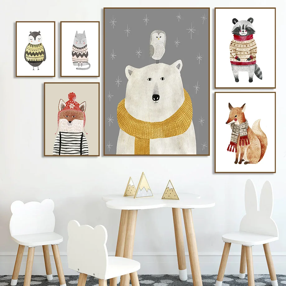 Мультяшный медведь лиса Сова олень собака Кот енот настенная Картина на холсте