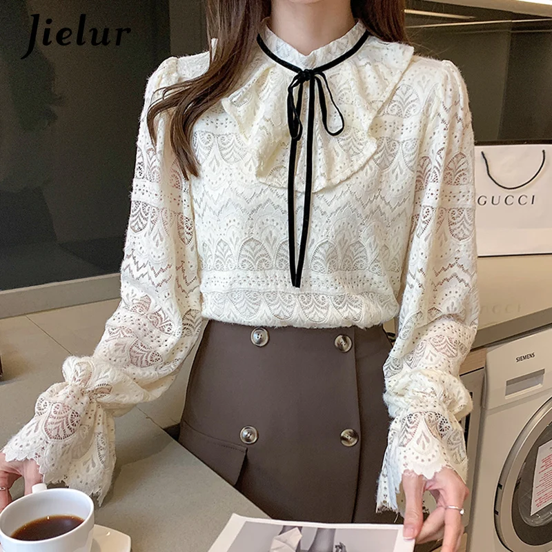 

Jielur Elegant Tops Lace Blouses for Women 2021 Fashion Bow Lantern Sleeve Shirts Floral OL Style Spring Blusas Femininas S-XXL