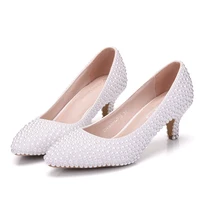 Crystal Queen White Pearl Wedding Shoes Bridal Women Elegant Evening Party High Heels 5CM Dress Pumps