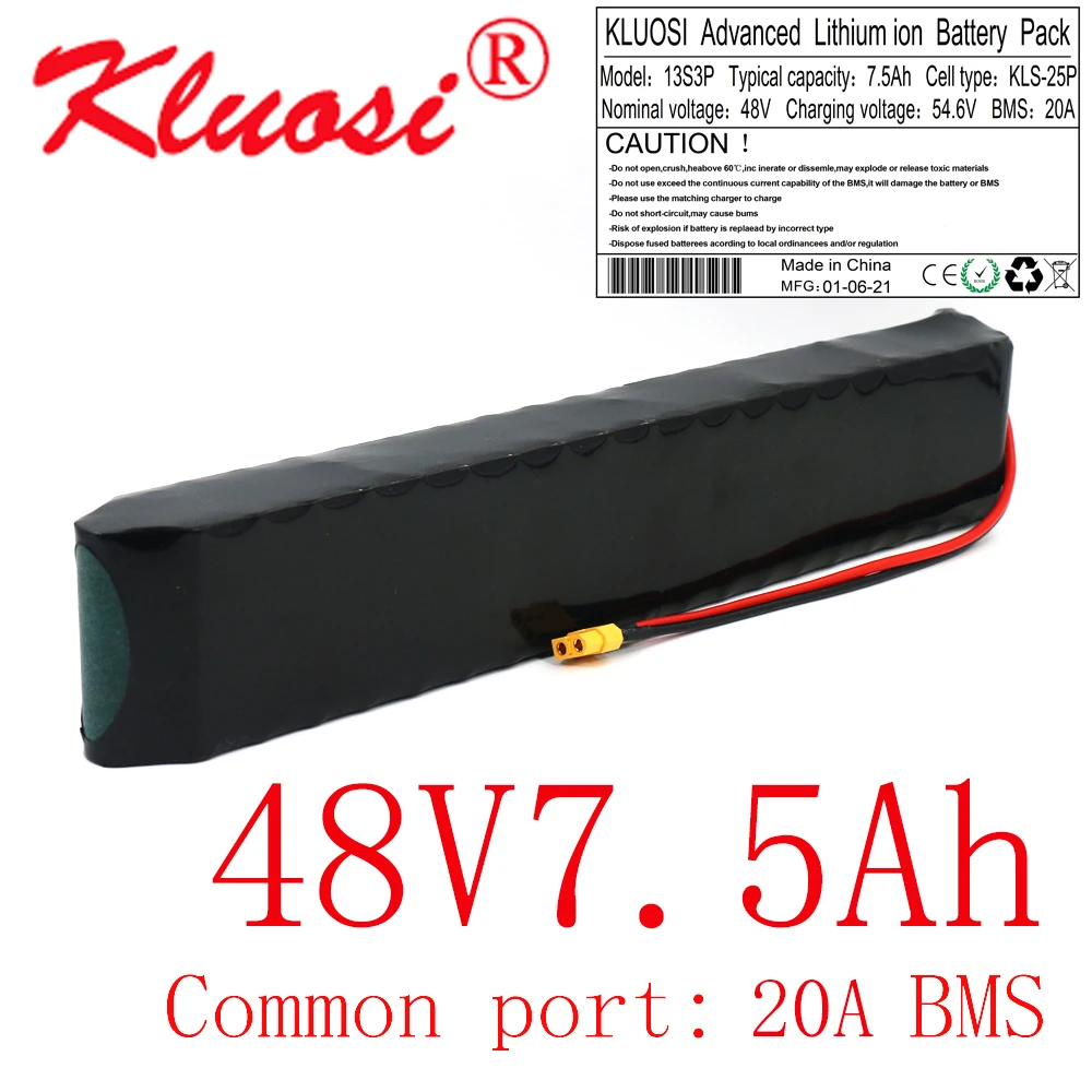 KLUOSI 48V 7.5Ah 8Ah 13S3P 250W~750W 54.6V Rechargeable Lithium Battery Pack Built-in 20A Common Port BMS Scooter Ebike Motor |