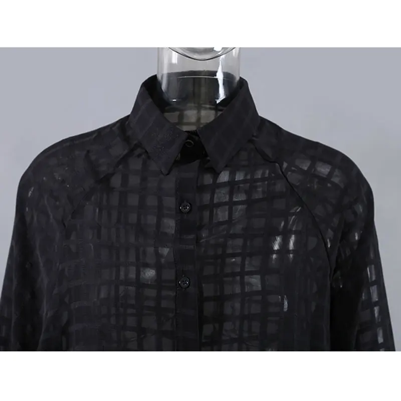

XITAO Solid Color Mesh Plaid Women Shirt Sun Protection Top Long Sleeve Summer New Fashion Loose Simplicity All-match WMD1712