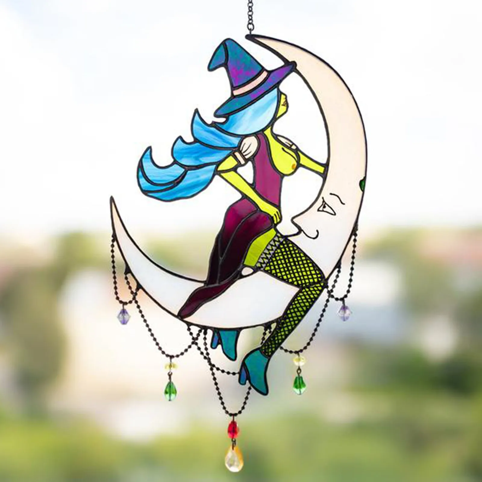 

Stained Acrylic Witch Hanging Sunbathing Witch on Moon Decor Stained Glass Witch