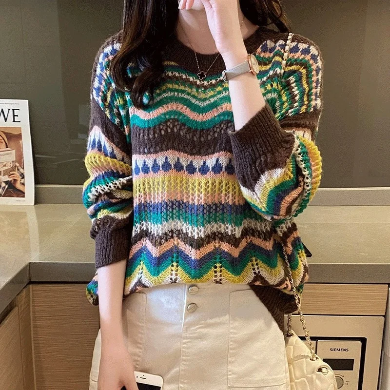 

Sweater women's autumn new style stripe hit color hollow thin section ethnic style retro knitted bottoming shirt top