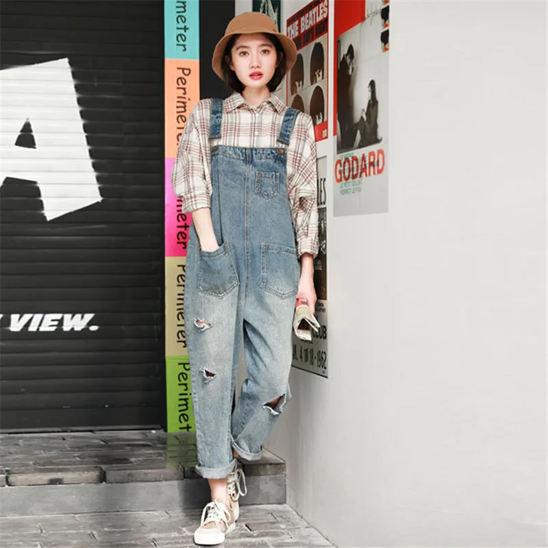 Женский джинсовый комбинезон свободные джинсовые комбинезоны с тонкими дырками
