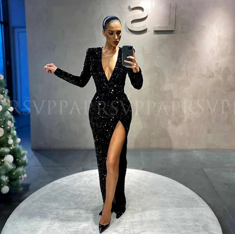Блестящие длинные черные вечерние платья 2020 Сексуальные с высоким разрезом и