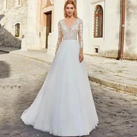 boho elegant deep v neck wedding dress 2021 for summer chiffon lace appliques backless full sleeves sweep train robe de mari%c3%a9e