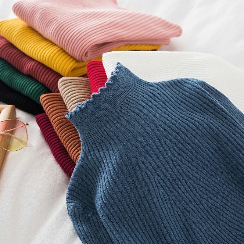 

Ruffles Turtleneck Women Pullover Sweater Autumn Winter Jumper Knitted Basic Top Fashion Long Sleeve Korean Ladies Clothes 2021