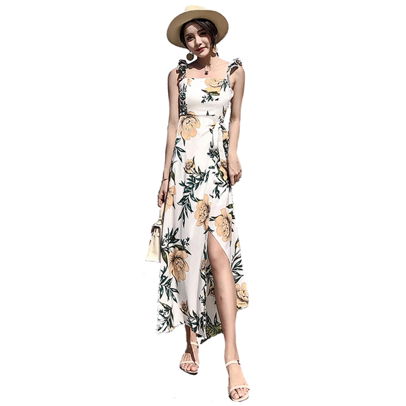 

Sexy Suspenders Print Slit Dress Women Backless Maxi Dress Summer Beach Dresses 2020 robe moulante femme strand jurkjes