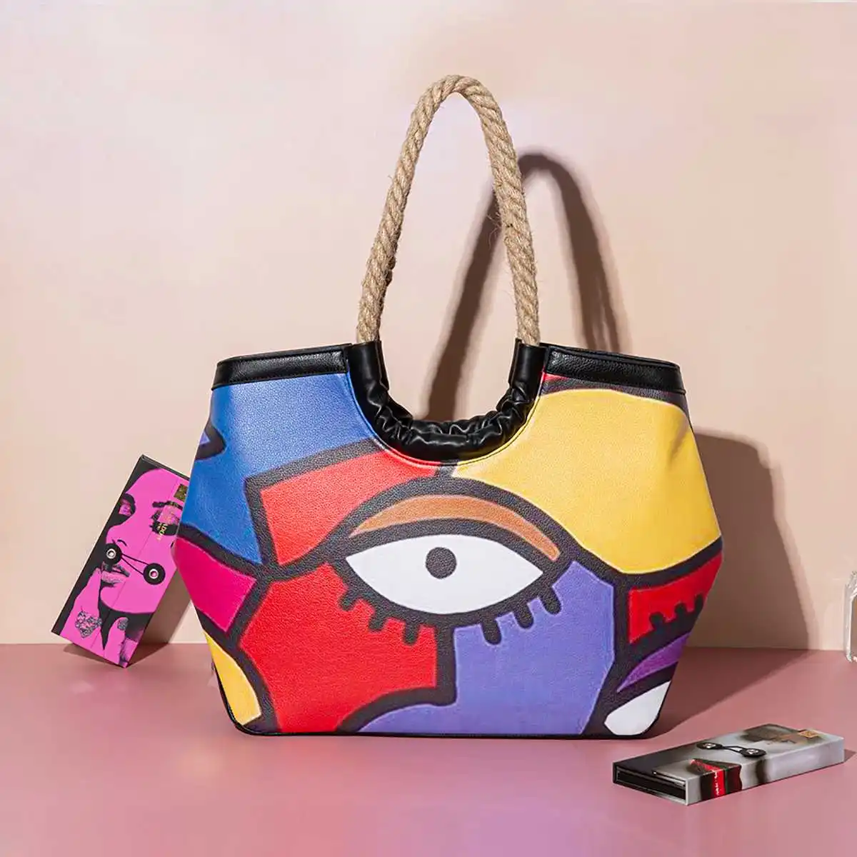 

Customize Women Handbag Colorful Straw Abstract Figure Pattern Printed Beach Tote High Capacity Travel Cosmetic Storage Gift