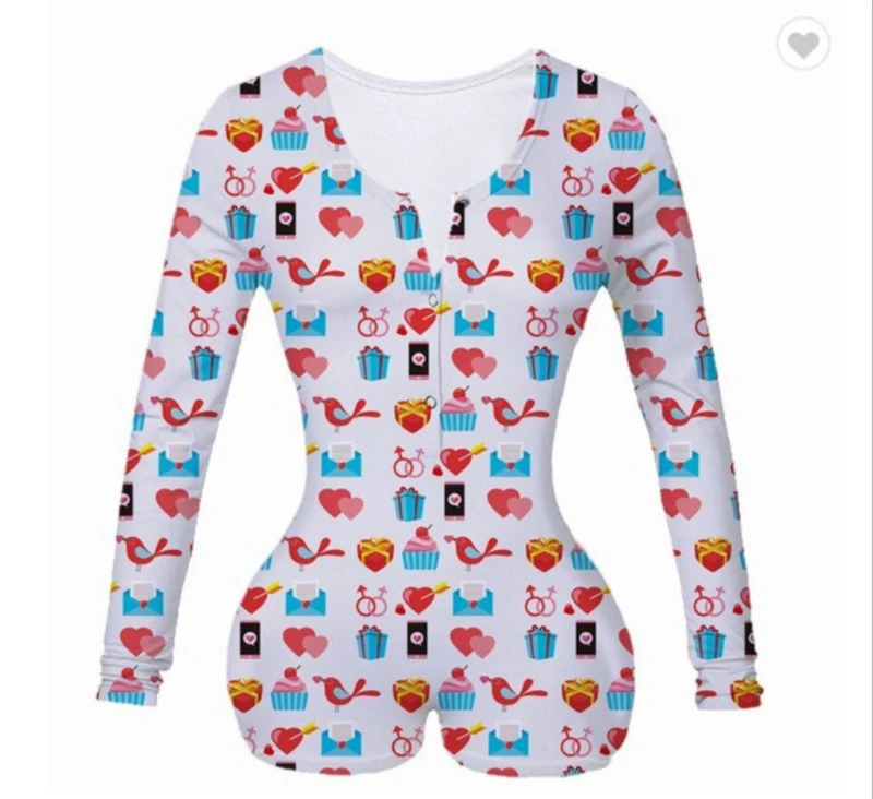 Adogirl 2021 Valentine's Day Print Women Sexy Jumpsuit V Neck Long Sleeve Shorts Romper Sleepwear Playsuits Lovers Gift Onesies