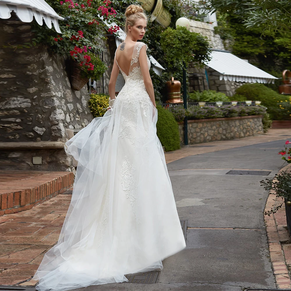 

Vestidos Charming Wedding Dresses Tulle Appliques Scoop Sleeveless Backless Mermaid Bridal Gowns 2021