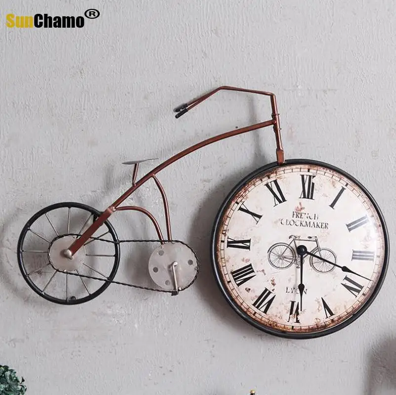 

American Retro Industry Creative 3D Metal Bike Hanging Wall Alarm Clock Iron Bicycle Decorative Craft Clocks Home Decor