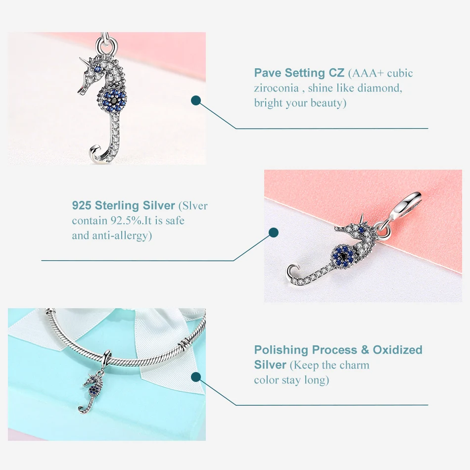 Forewe Настоящее серебро 925 пробы с фианитом из бисера морская лошадь болтается Шарм