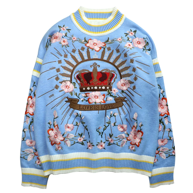 Runway Luxury Winter Knitting Pullovers Women's High Quality Floral Crown Embroidery Casual Loose Blue Sweater C-127 | Женская