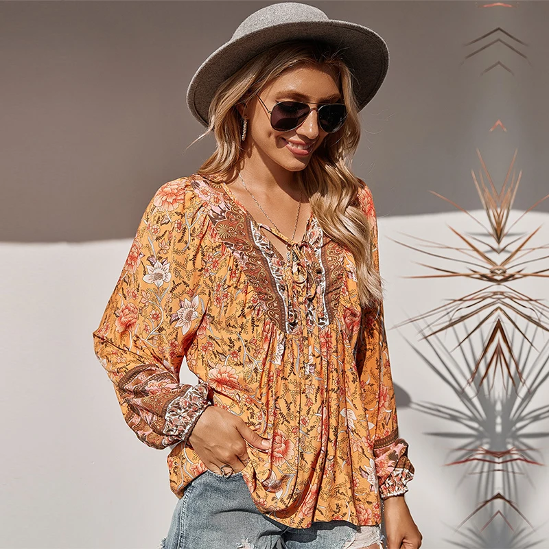 

Autumn Print Blouse Women Lace Up V Neck Holiday Blouse Shirt Top For Women Casual 2021 New