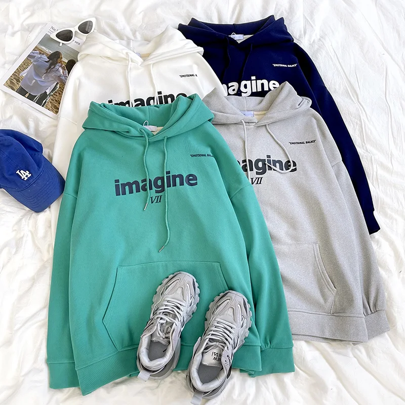 

" Imagine " Letter Graphic Kangraroo Hoodie Green / White / Gray / Black