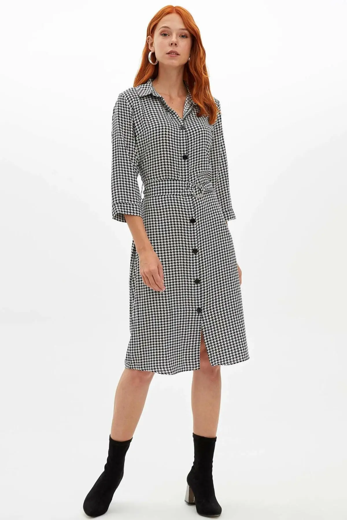 DeFacto Для женщин вязаная с отворотом платье Высокая Талия однобортная Винтаж