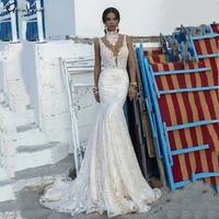 sexy mermaid lace wedding dress 2021 deep v neck halter bride robes backless bridal wedding gowns vestidos de novia