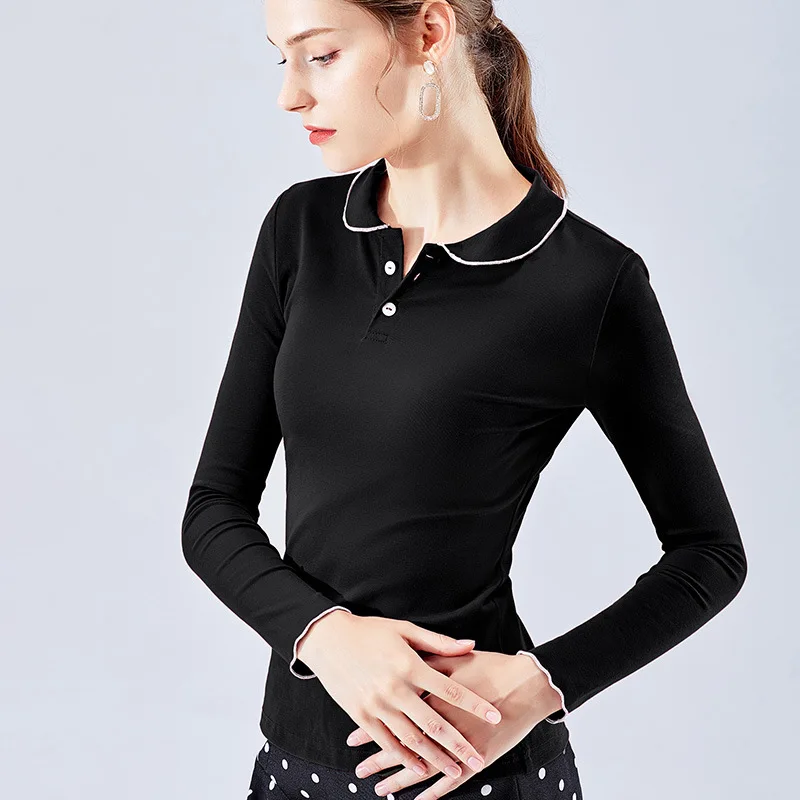 Ретро рубашка поло с воротником осень новинка женская длинным рукавом для