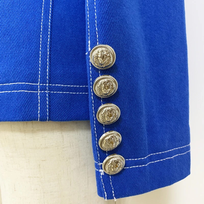 HIGH QUALITY New Fashion 2021 Designer Jacket Women's Top Stitching Contrast Lion Buttons Double Breasted Denim Blazer | Женская