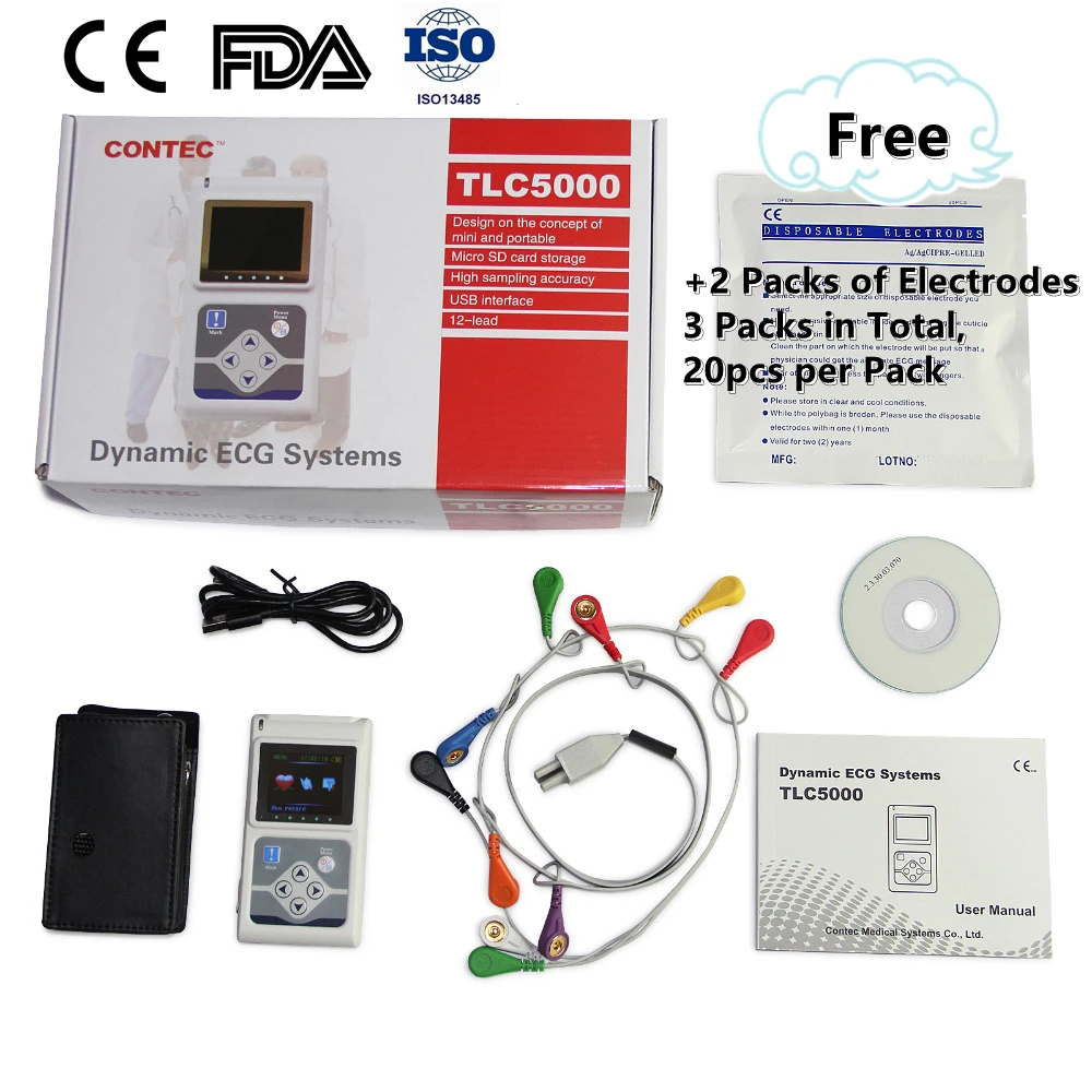 

12 Channel Dynamic ECG Holter EKG System Heart Rate Tester Cardiac 24 hours Monitoring TLC5000 CE&FDA