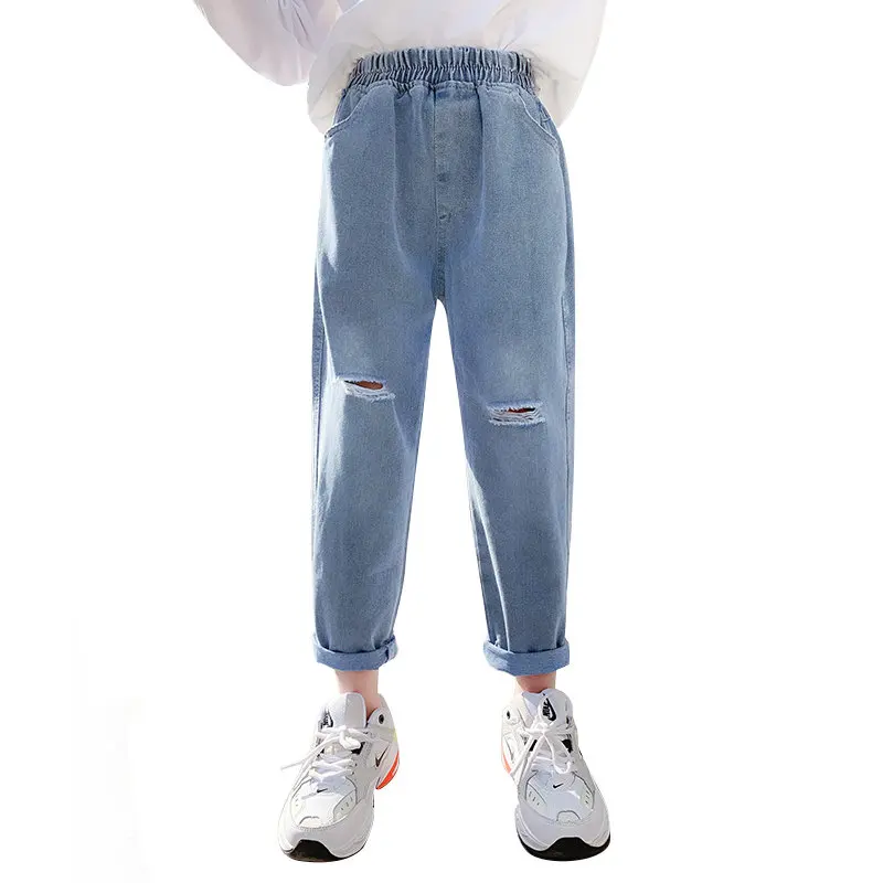 

Fashion Girls Toddler Denim Pants Ripped Casual Style Jeans For Kids Solid Color Children Hole Jeans Teenager Autumn Trousers