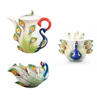 color enamel 3d peacock coffee tea set sugar cans milk kettle creative bone china pot drinkware porcelain set
