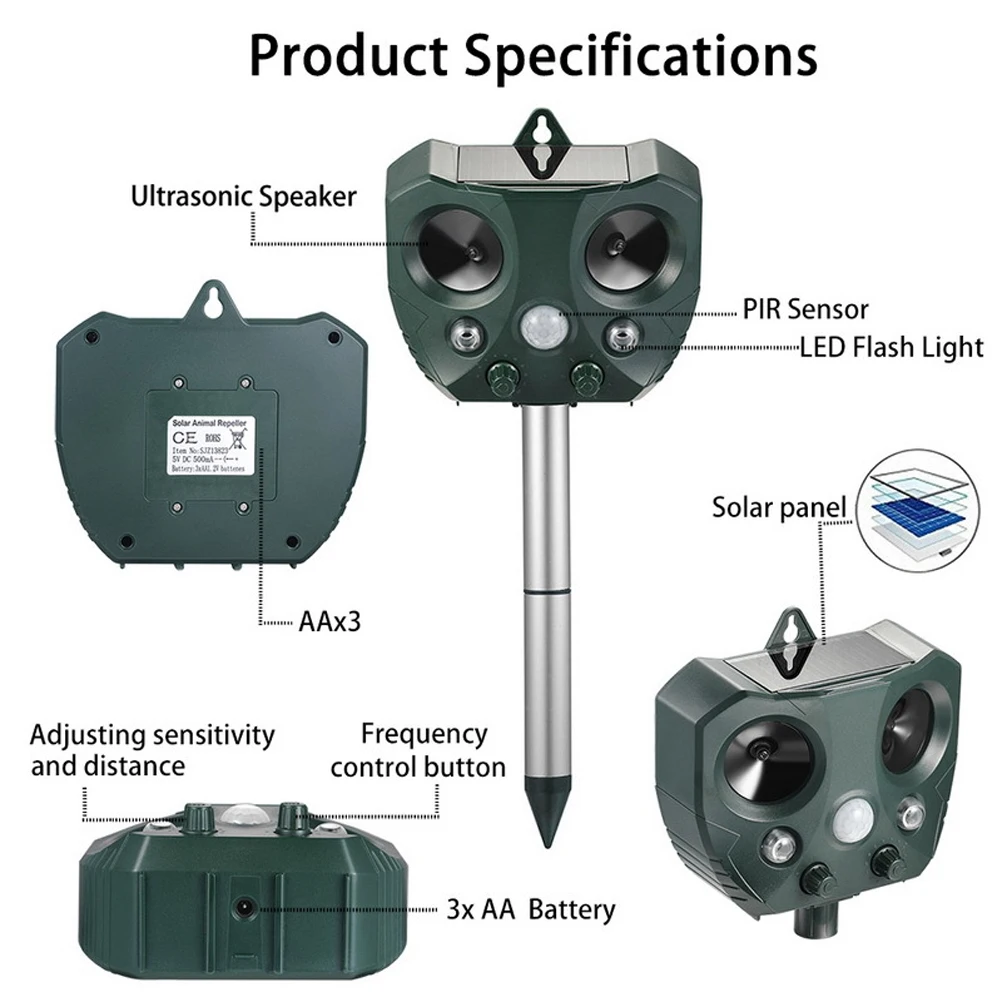 

Solar Powered Motion Activated Animal Ultrasonic Cats Dogs Repeller Frighten Animals For Outdoor Gardening Ultrasonic