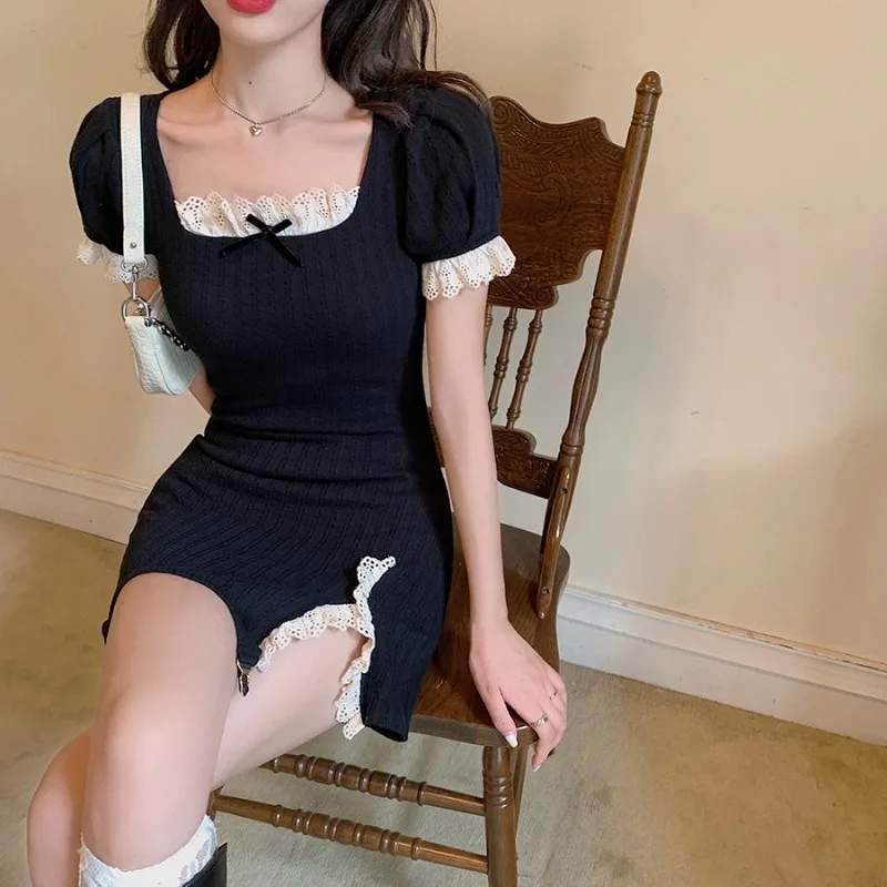 

Новинка лета 2021, сказочное платье, французское кружевное приталенное короткое платье с разрезом и асимметричной юбкой, соблазнительное хар...