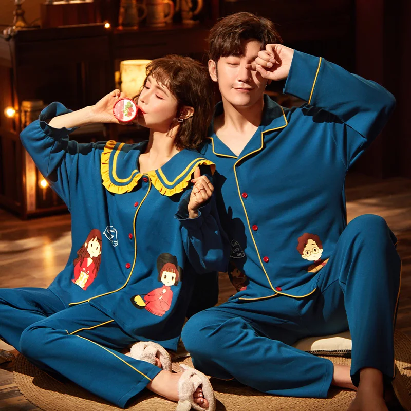 Pure Cotton New Autumn Winter Couple Pajamas Sets Cardigan Korean Style Sweet Cartoon Home Sleep Lover Pyjamas For Women Or Men | Мужская