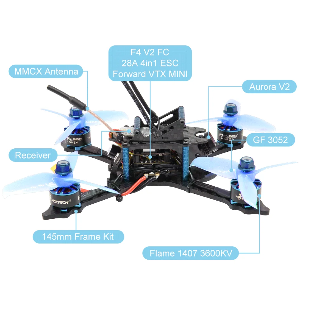 HGLRC XJB145 FPV BNF гоночный Дрон 145 мм комплект из углеродного волокна для рамы OSD F4 Контроллер полета 1407 3600KV бесщеточный двигатель 28A 4в1 ESC