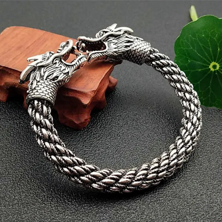 Античный браслет из серебра 925 пробы с двойным драконом тибетского