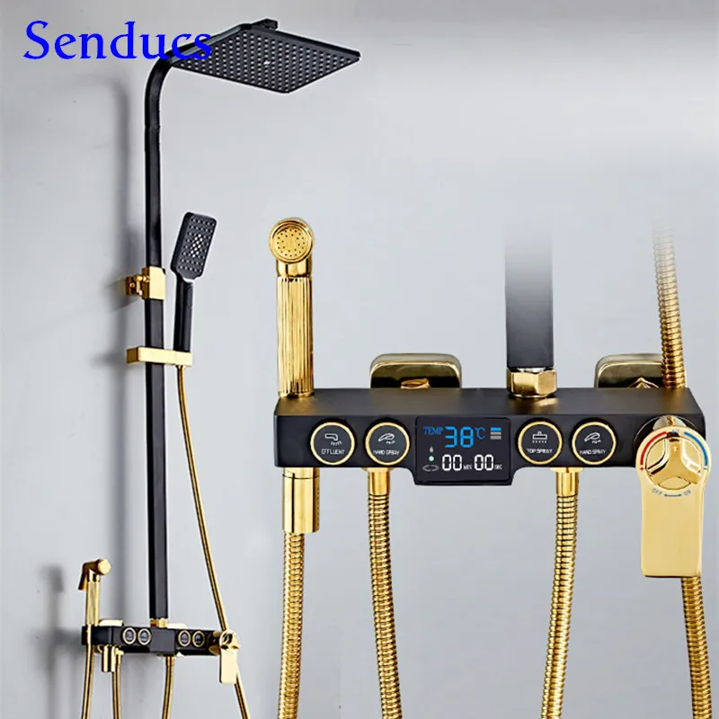 

Digital Shower Set Senducs Black Gold Bathroom Shower System Quality Brass Bathtub Mixer Tap Thermostatic Bath Shower Mixer Set