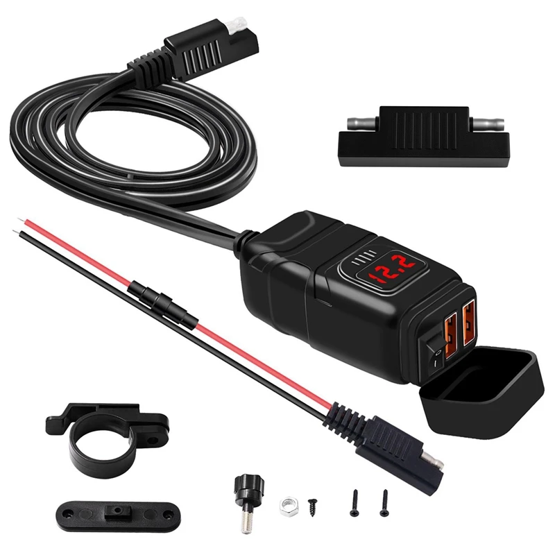 

Waterproof QC 3.0 Motorcycles Dual USB Charger Kit with Voltmeter Switch SAE to USB 24W+24W for ATV Bike Snowmobile