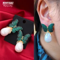 missvikki 2 colors trendy luxury butterfly pearl pendant earrings for women fine jewelry full cz bridal wedding 2021 earrings