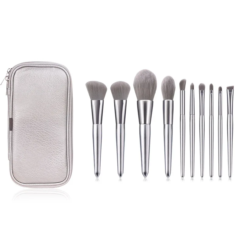 

Oubldior 8/10pcs Makeup brushes silvery Wood Handle Facial make up foundation brush makeup tools kit full professional with bag