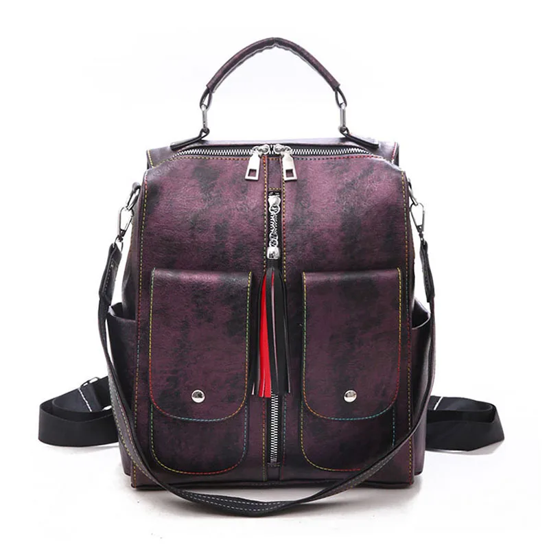 Винтажный кожаный женский рюкзак модный вместительный многофункциональная