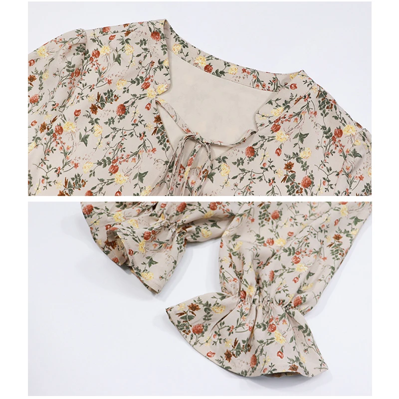 

2021 Spring Vintage Korean Style Medium Long Dress Floral Chiffon Loose Women Ruffle Sleeve Elegant V Neck Long Dresses D12701X